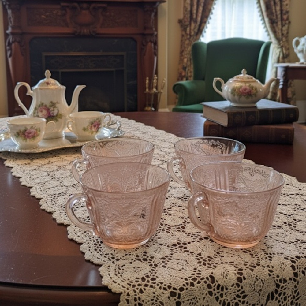 Vintage Pink Depression Glass Ornate Pattern Mugs Cups Set Of 4